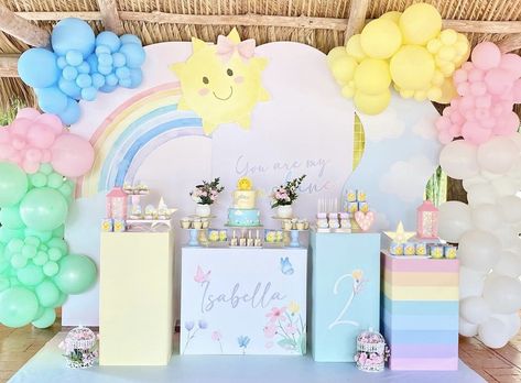 First Birthday Rainbow Theme Decoration, Sunshine And Rainbows Birthday Theme, Rainbow And Clouds Birthday Party, Pastel Rainbow Backdrop, Pastel Rainbow Birthday Party Backdrop, Baby Shower Nubes Y Arcoiris, Birthday Party Planning Checklist, Sunshine Birthday Theme, Sunshine Decorations