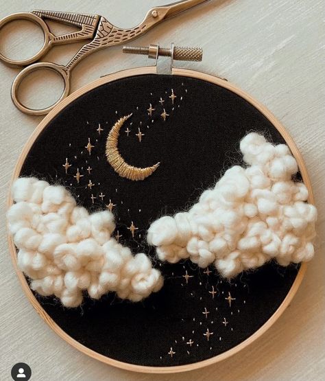 Embroidery Stars And Moon, Embroidery Night Sky, Embroidery Clouds, Night Sky Embroidery, Moon Embroidery Pattern, Clouds Embroidery, Celestial Embroidery, Sky Embroidery, Moon Embroidery