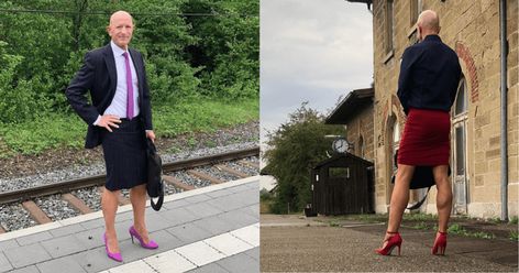 Married dad-of-three wears skirts and heels to work to prove clothes have no gender Mark Bryan, Clothes Have No Gender, Living In Germany, Gender Stereotypes, Skirt Heels, No Gender, Thick Skin, Happily Married, Knee Length Skirt