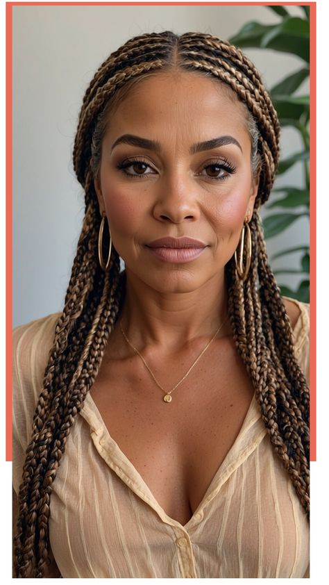 Woman with long braids, wearing a beige top and hoop earrings, looking at the camera. Older Woman Braid Styles Black, Professional Braid Styles, Megan Good Braids, Classy Braids Black Women, Feed In Braids With Curls, Braids For Older Black Women, Hair Braids For Men, Goddess Knotless Box Braids, Hairstyles Braids With Curls