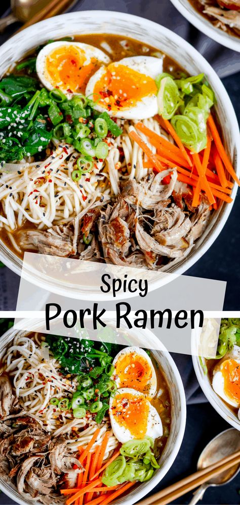 This Spicy Pork Ramen is delicious and completely homemade. Delicious slow cooked pork with perfectly cooked noodles, crunchy veggies, a just-slightly-runny egg with a broth that's full of that delicious umami flavour! #ramen #noodlesoup #pork #bowlfood #recipes #asianfood Homemade Ramen Pork Belly, Ramen Noodles With Pork, Dutch Oven Ramen, Spicy Pork Belly Ramen, Pork Loin Ramen Recipe, Ramen With Pork Chop, Best Spicy Ramen Recipe, Japanese Ramen Soup Recipes, Ramen Noodle Recipes Pork Belly