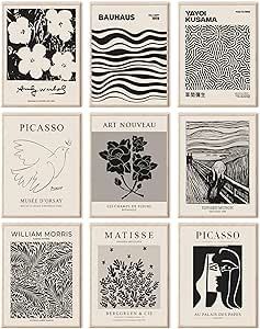 Black and White Matisse Exhibition Poster Set, 9 Pcs Vintage Gallery Mix Exhibition Set of Matisse Prints & Picasso Flower Pictures Wall Decor, Matisse Wall Art for Room Aesthetic, Abstract Canvas Black And White Matisse, Mid Century Wood Furniture, Canvas Floral Painting, White Exhibition, Flower Market Posters, Danish Pastel Room Decor, Wall Art For Room, Black White Poster, Danish Pastel Room