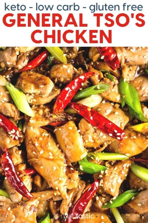 Keto Low Carb General Tso's Chicken Recipe that tastes delicious and is low in net carbs! | www.noshtastic.com | #noshtastic #glutenfree #lowcarb #keto #ketodiet #ketogenic #ketorecipes #ketogenicdiet #lowcarbrecipe #recipe #tsos #chinese #takeout #copycat #chicken Recipe Chicken Thighs, Keto Chinese Food, General Tso's Chicken Recipe, Keto Chinese, General Tso's Chicken, Tso Chicken, Keto Chicken Recipes, Boiled Egg Diet Plan, Low Carb Food