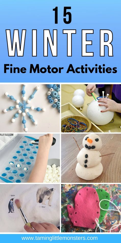 15 Winter Fine Motor Activities for Kids. 15 play based learning ideas to help toddlers and preschoolers develop fine motor skills. #winter #finemotor #toddlers #preschoolers Winter Wonderland Fine Motor Activities, Winter Classroom Activities Preschool, Activities With Snow Indoors, Winter Themed Fine Motor Activities, Fine Motor Snow Activities, Toddler Arts And Crafts Winter, Winter Fun Crafts Preschool, Daycare Winter Activities, Classroom Winter Activities