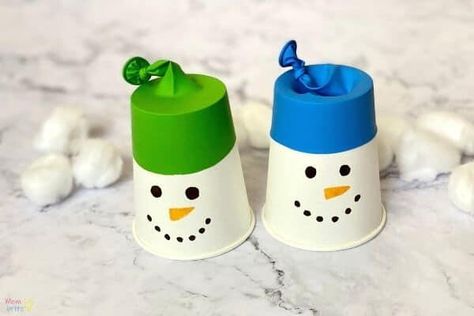 Snowman Snowball Shooter, Snowball Shooter Craft, Snowball Launcher Stem, Cotton Ball Launcher, Snow Eyfs, Snowman Shooters, Frosty The Snowman Crafts, Snowball Shooters, Marshmellow Shooter