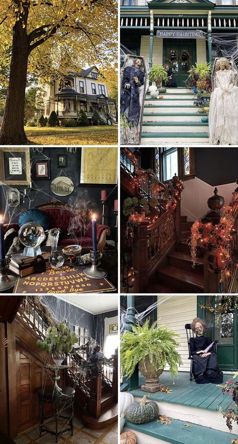 A Few Photos Of My Spooky Victorian Home This Halloween Season! Interior & Exterior Decorations Old House Halloween Decor, Victorian Halloween Decorations Outdoor, Halloween Victorian House, Dracula Halloween Decor, Spooky House Interior, Victorian Halloween Aesthetic, Unique Halloween Decor, Victorian Gothic Halloween Decor, Antique Halloween Decor