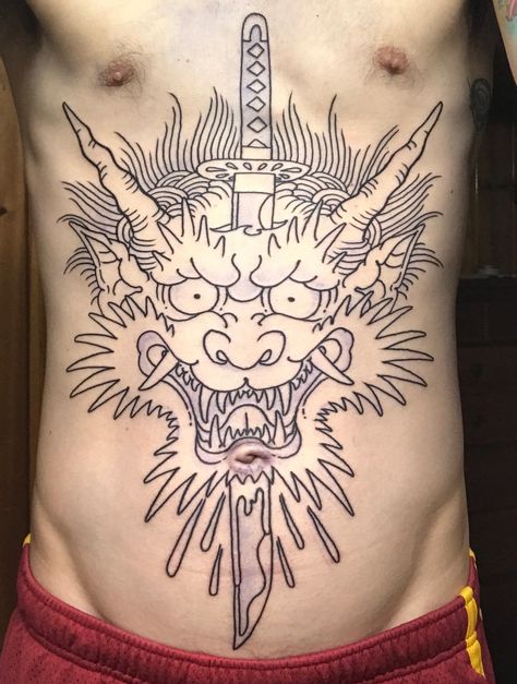 Oni Mask Chest Tattoo, Oni Mask Stomach Tattoo, Japanese Stomach Tattoo, Best Stomach Tattoos, Oni Mask Flowers Tattoo, Oni Mask And Flower Tattoo, Smokey Oni Mask Tattoo, Tattoo Japan, Flower Neck Tattoo