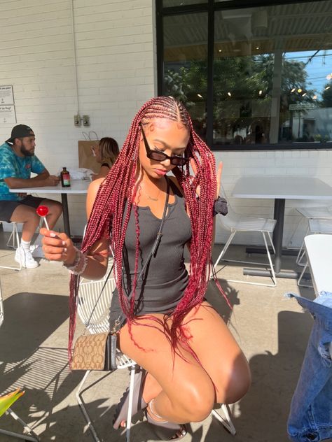 Red Fulani Braids With Beads, Auburn Fulani Braids, Fulani Braids Red Hair, Burgundy Fulani Braids With Curls, Red Braided Styles, Red Fulani Braids With Curls, Fulani Braids Bohemian, Red Cornrows Braids, Red Bohemian Box Braids