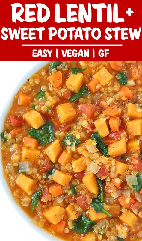 Red Lentil & Sweet Potato Stew Red Lentil Sweet Potato, Healthy Nuggets, Vege Dishes, Lentil Sweet Potato, Veggie Soups, Lentil Stew Recipes, Garden Grazer, Red Lentil Recipes, Sweet Potato Stew