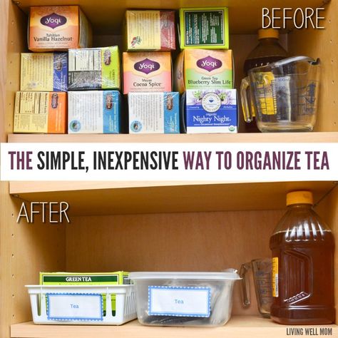 Not sure how to sort those tea bags in your cupboard? Here’s the simple, inexpensive way to organize tea! Diy Tea Organizer, Tea Organization Storage, Tea Cupboard, Cupboard Organization, Celestial Seasonings Tea, Tea Organizer, Tea Live, House Pantry, Organizing Kitchen