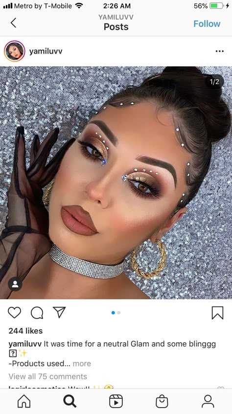 Eyeshadow Looks With Rhinestones, Make Up With Diamonds, Happy New Year Makeup, Rhinestone Eye Makeup, Scrunchie Bun, Jewel Makeup, Rhinestone Makeup, Gorgeous Birthday, Birthday Hairstyles