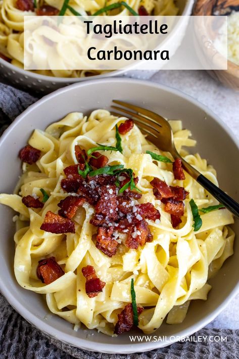 Tagliatelle carbonara with crispy pancetta is a must for a date night meal. Creamy, elevated and addictive. via @sailor_bailey Tagliatelle Pasta Recipes, Bailey Recipes, Fettuccini Noodles, Tagliatelle Carbonara, Sailor Bailey, Crispy Pancetta, Tagliatelle Pasta, Date Night Recipes, Salmon Dishes