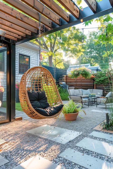 hanging egg chair in a modern backyard patio with pergola and seating area Backyard Outdoor Kitchen, Egg Chair Outdoor, Outdoor Ideas Backyard, Small Patio Decorating Ideas, Small Patio Decor, Egg Chairs, Relaxing Backyard, Swing Chair Outdoor, Hanging Egg Chair