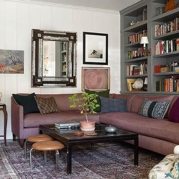 Bookshelf Behind Couch, Bookcase Behind Sofa, White Plank Walls, Grey Grasscloth Wallpaper, Shiplap Living Room, Behind Sofa, Linen Sectional, Living Room Wall Designs, Behind Couch