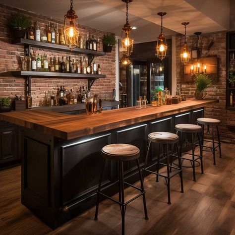 10+ Rustic Basement Ideas for a Cozy Retreat • 333+ Images • [ArtFacade] Industrial Bar Ideas For Home, Industrial Bar Decor, Rustic Mancave Ideas, Rustic Bar Decor Ideas, Home Bar Kitchen Ideas, Rustic Bars For Home, Bar Redo Ideas, Rustic Industrial Game Room, Large Home Bar Ideas