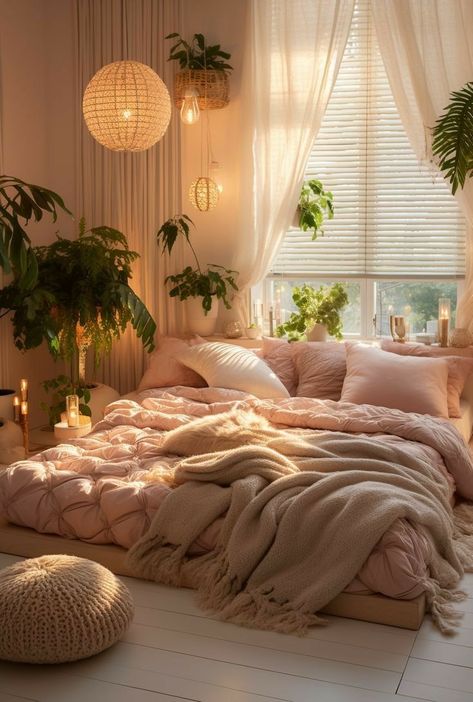 Pink Women Bedroom, Aesthetic Boho Bedroom Ideas, Room Ideas Women Bedroom, Pink Bedroom Plants, Soft Romantic Bedroom, Pink Plant Bedroom, Pink Bedroom With Plants, Feminine Boho Bedroom, Neutral Pink Bedroom