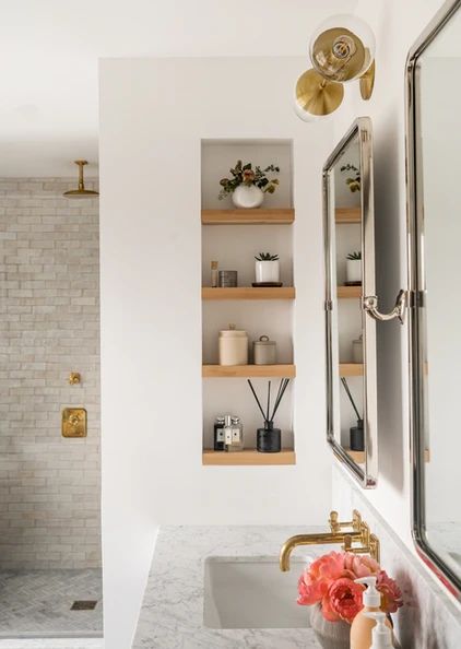 Laurelhurst Tudor Small Bathroom Timeless, Modern Shiplap Bathroom, Tiny Master Bath Ideas, Small Transitional Bathroom, Open Shelves In Bathroom, Bathroom Wall Niche, Small Primary Bathroom, Small Ensuite Bathroom Ideas, Kids Guest Bathroom Ideas