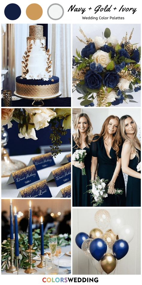 White Gold And Navy Wedding, Navy Gold Ivory Wedding, Navy Ivory Wedding, Wedding Blue Gold White, Wedding Ideas Navy Blue And Gold, Wedding Navy Blue And Gold, Sapphire Blue And Gold Wedding, Navy And Metallic Wedding, Navy Blue Cream And Gold Wedding