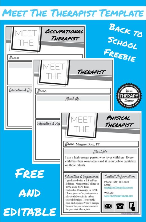 One important job of a school based therapist is to keep open lines of communication. Complete this FREE Meet the Therapist Letter from Your Therapy Source. Meet The Therapist, School Based Occupational Therapy, Organization Paperwork, Teacher Letters, School Therapist, Occupational Therapy Schools, Pt School, Pediatric Clinic, Meeting Template