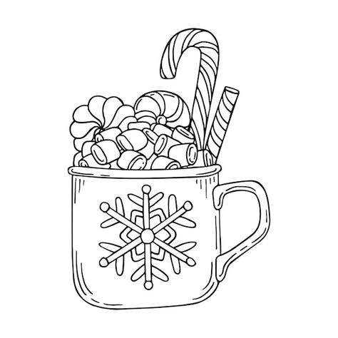 Hot Chocolate Art, Coloring Page Christmas, Hot Chocolate With Marshmallows, Chocolate With Marshmallows, Holiday Hot Chocolate, Vector Doodle, White Line Art, Christmas Apps, Hot Chocolate Marshmallows