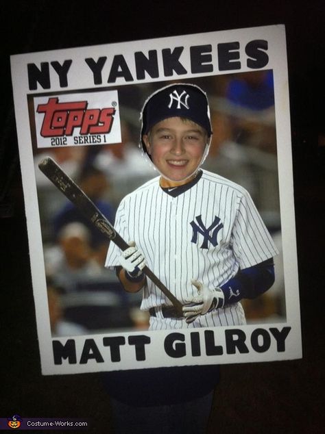 Kim: My oldest Matt went as a NY Yankees baseball card. We printed a picture at Staples Copy Center and then glued it to foam board. Due to copyright restrictions, you... Homemade Costumes For Boys, Card Halloween Costume, Baseball Cards Storage, Baseball Card Displays, Halloween Softball, Boys Halloween Costumes Diy, Baseball Card Values, Baseball Costumes, Baseball Card Template