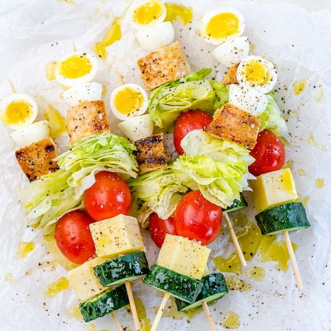 Cobb Salad Skewers Boiled Quail Eggs, Garden Cucumbers, Salad Skewers, Ranch Dipping Sauce, Large Serving Trays, Sliced Ham, Clean Food Crush, Iceberg Lettuce, Quail Eggs