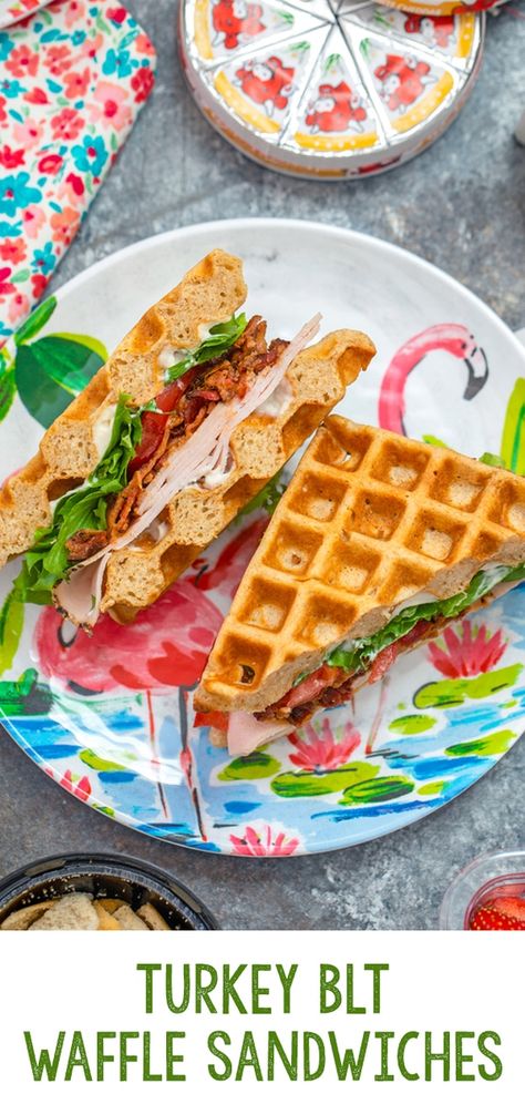 Waffle Sandwich Recipe, Lunch Spread, Turkey Blt, Waffle Sandwich Breakfast, Waffle Sandwiches, Veggies And Fruits, Waffle Iron Recipes, Eat At Home, Waffle Maker Recipes