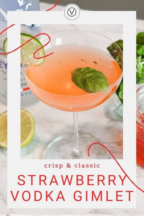 Cocktails With Strawberry Simple Syrup, Strawberry Simple Syrup Cocktails, Pink Vodka Cocktails, Strawberry Basil Vodka, Vodka Gimlet Recipe, Basil Simple Syrup, Vodka Gimlet, Gimlet Recipe, Gimlet Cocktail