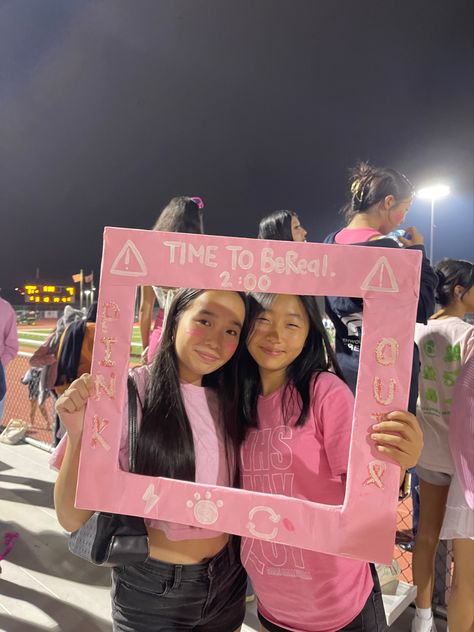 Take My Bereal Poster, Pink Student Section, Junior Year Poster Ideas, Barbie Pep Rally, Stuco Posters Ideas, Barbie Homecoming Theme, Pep Rally Aesthetic, Pink Out Game Posters, School Activities Highschool