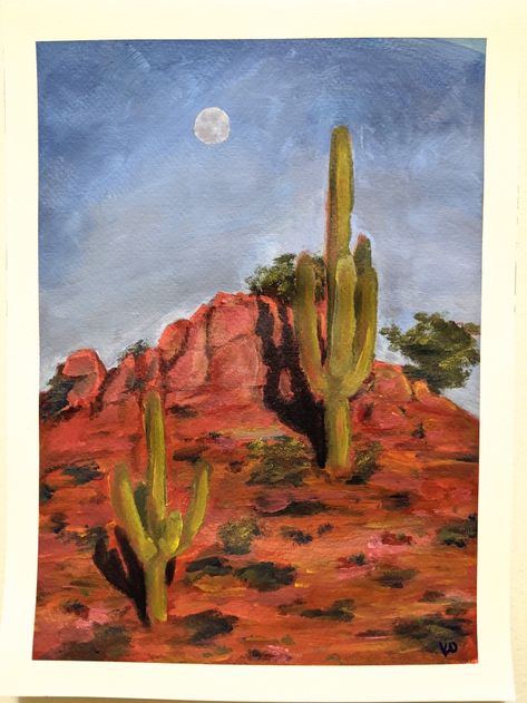 Desert Painting Acrylic Easy, Simple Desert Painting, Painting For Room, Red Desert, Art Aesthetics, Desert Painting, Call Art, Desert Cactus, December 26