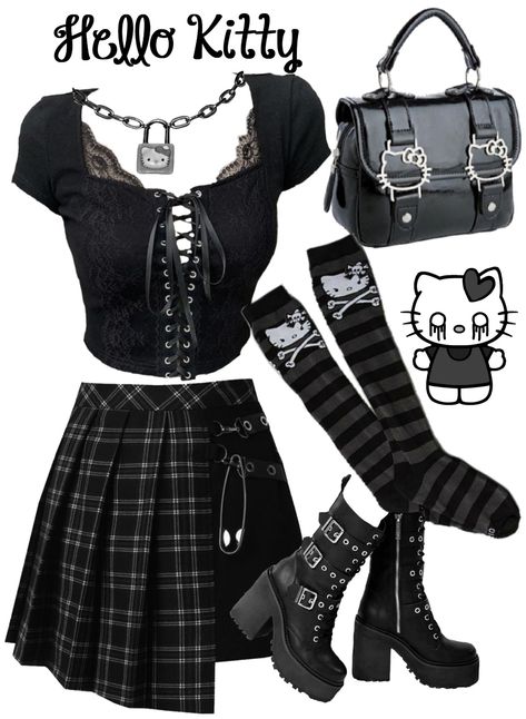 Goth hello kitty dark emo punk Emo Fashion 2023, Hello Kitty Emo Outfits, Hello Kitty Goth Outfit, Emo Core Aesthetic, Goth Hello Kitty Aesthetic, Hello Kitty Outfit Ideas, Summer Emo Outfits, Gothic Hello Kitty, Hello Kitty Dark