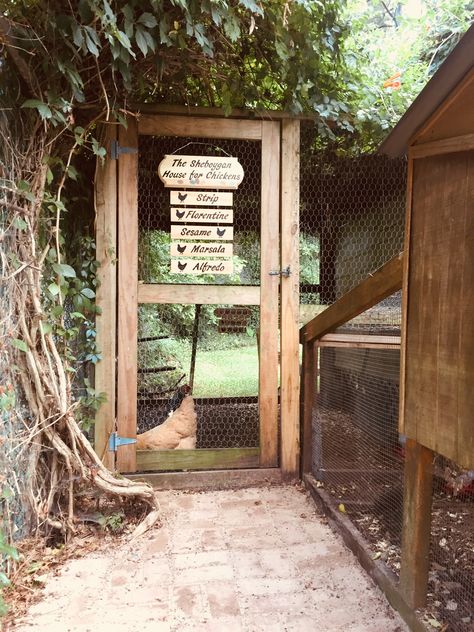 Chicken Coop Sloped Yard, Chicken Name Signs, Chicken Coop Name Signs, Chicken Coop Names, Backyard Chickens Diy, Chicken Coop Designs Diy, Backyard Envy, Goat Playground, Cute Chicken Coops