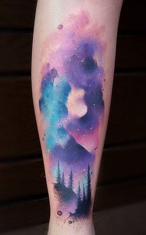 Image result for watercolour galaxy tattoos Night Sky Tattoos, Watercolor Galaxy Tattoo, Northern Lights Tattoo, Sky Tattoos, Nature Ideas, Tattoo Nature, Kunst Tattoos, Light Tattoo, Galaxy Tattoo