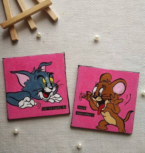 Tom And Jerry Mini Canvas Painting, Tom And Jerry Polaroid Painting, Pair Paintings Canvases, Tom Jerry Painting, Mini Canvas Art For Couples, Friends Canvas Painting Tv Shows, Canvas Art For Friends Gift Ideas, Friends Aesthetic Painting, Tom And Jerry Painting On Canvas