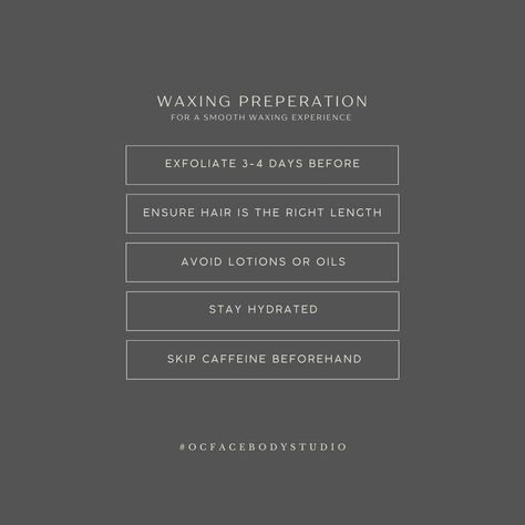 ✨ Smooth, Flawless Skin Starts with the Right Prep and Aftercare! ✨ At OC Face and Body Studio, we want your waxing experience to be as comfortable and effective as possible. Swipe through our 5 Ways to Prep for Your Waxing Appointment and 5 Post-Wax Care Tips to keep your skin smooth and irritation-free! Pre-Wax Tips: ✅Exfoliate 3-4 Days Before: Gently exfoliating helps remove dead skin cells, making your waxing session more effective and reducing the chance of ingrown hairs. ✅ Ensure Hai... Pre Waxing Care Tips, Waxing Information, Before Waxing Tips, Pre Waxing Tips, Waxing Captions, Waxing Instagram Posts, Waxer Esthetician, Post Waxing Care, Waxing Post