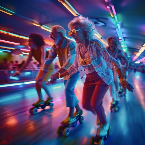 SENIOR CITIZEN ROLLER DISCO 🪩 Let this be the manifestation for my life when I am older. 😊 For the May Prompt Challenge by @spittoonya 🙌 #midjourney #aiart #lightroom Disco Roller Skating, Roller Rink, Roller Disco, Senior Citizen, Old People, Roller Skating, May 17, Skating, Lightroom