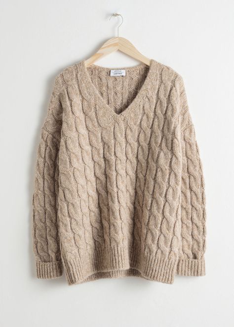 Front image of Stories alpaca blend cable knit sweater in beige Oatmeal Sweater, Straight Clothes, Cable Sweater, Warm Outfits, Cable Knit Sweater, Fashion Story, Cool Sweaters, Affordable Clothes, Sweater Shop