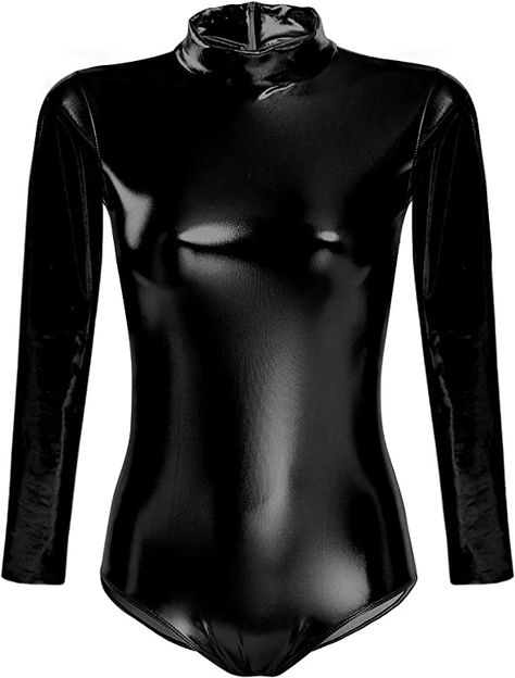 Leather Bodysuit Outfit, Black Long Sleeve Leotard, Black Leather Bodysuit, Leotard Gymnastics, Metallic Leotard, Rave Festival Outfits, Metallic Bodysuit, Festival Outfits Rave, Leather Bodysuit