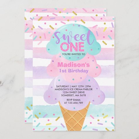 Ice Cream Invitation Sweet One 1st Birthday | #icecream #icecreamparty #icecreambirthday #icecreamparlour #icecreamsocial #icecreaminvitation #sweetone #icecreamsweetone #sweetoneparty #sweetonebirthday Two Sweet 2nd Birthday, Sweet One 1st Birthday, Ice Cream Invitation, Carnival Birthday Invitations, Cream Birthday Party, Ice Cream Birthday Party, 2nd Birthday Invitations, Two Sweet, Ice Cream Birthday