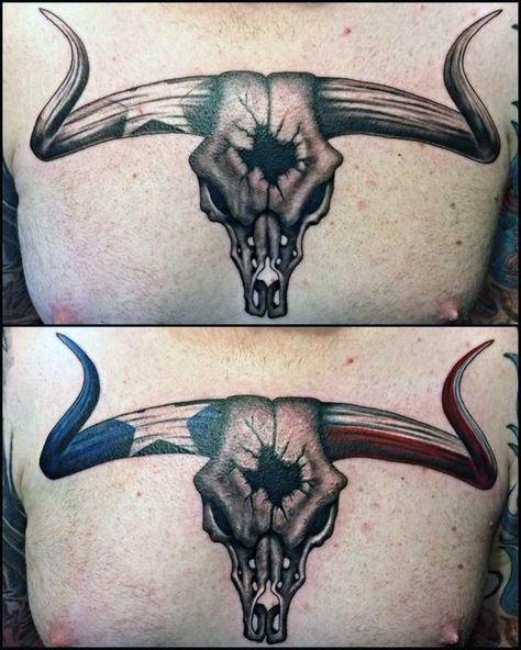 Longhorn Skull Texas Mens Flag Chest Tattoos Longhorn Skull Tattoo Forearm, Bull Skull Tattoo For Men Leg, Texas Arm Sleeve Tattoo, Texas Themed Tattoos For Men, Texas Tattoo For Men, Texas Longhorn Tattoo, Skull Chest Tattoo, Longhorn Tattoo, Texas Steak