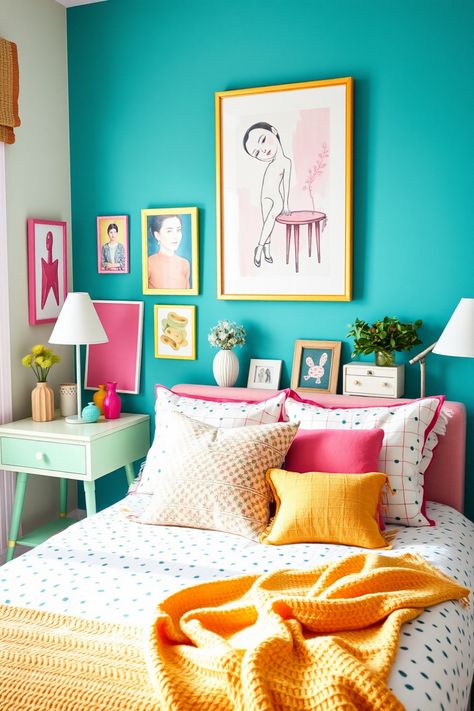 Dopamine Decor Bedroom, Pink Teen Room, Bright Bedroom Colors, Cheerful Bedroom, Bedroom Painting Ideas, Hippie Bedrooms, Colorful Bedrooms, Colored Bedroom, Light Blue Bedding