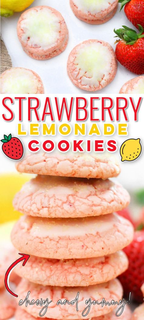 EASY STRAWBERRY LEMONADE COOKIES Strawberry Lemonade Cookies, Pink Lemonade Cookies, Lemonade Cookies, Easy Strawberry Lemonade, Strawberry Lemonade Cake, Butterbeer Recipe, Princess Pinky Girl, Pinky Girl, Strawberry Cake Mix