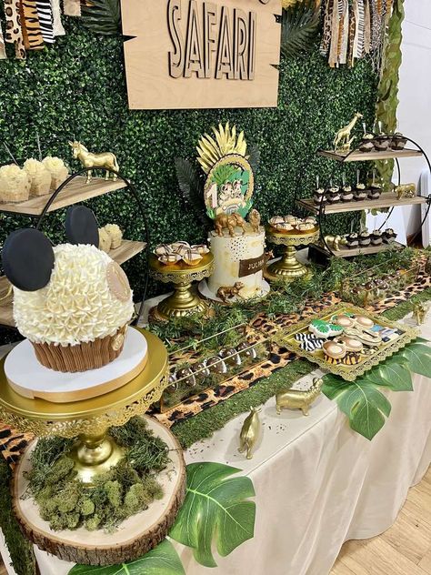 Safari Mickey Mouse Birthday Party Ideas | Photo 1 of 33 Wild One Party Table Decor, Wild One Birthday Dessert Table, Safari Birthday Dessert Table, Safari Theme Food Table, Mickey Safari Dessert Table, Dessert Table Safari Theme, Jungle Safari Table Decorations, Safari Party Dessert Table, Mickey Mouse Safari Food Ideas