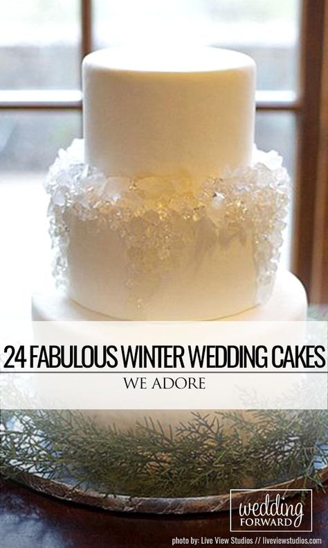 We recommend seasonal ideas. Take a look on these winter wedding cakes with pine cones, holly & berries under the snow and of course snowflakes and icicles. Wedding Cakes Designs, Snowflake Wedding Cake, Winter Wonderland Wedding Cakes, Winter Wedding Cakes, Glitter Wedding Cake, Wedding Cake Designs Simple, Wedding Cake Simple Elegant, Winter Cakes, Winter Wonderland Cake