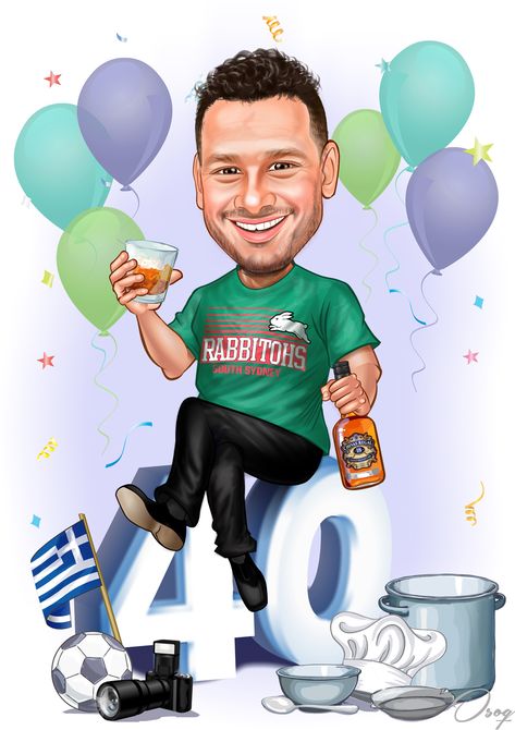 The man is wearing a green t-shirt with RABBITOHS written across it in white and red color. The items at the bottom are a Greek flag, a camera, a cooking mixing bowl, spoon, chefs hat and a soccer ball. Happy 34th Birthday, Tart Cake, Caricature Gifts, Cartoon Birthday, Caricature Portrait, Greek Flag, Personalized Caricature, Party Cartoon, Cartoon Artist