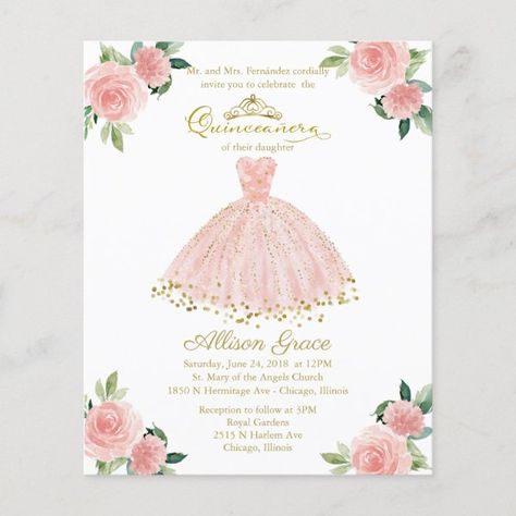 Budget Quinceanera Invitation Bilingual Pink Gown Budget Quinceanera, Hot Pink Gown, Invitations Quinceanera, Quinceanera Invitation, Gold Foil Invitation, Birthday Gold, Blush Gown, Pink Gown, Hot Pink Floral