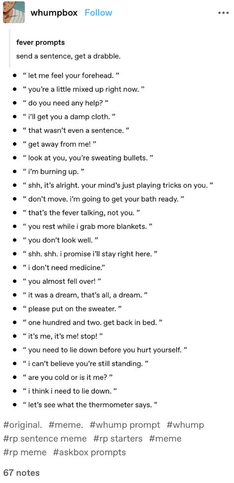 How To Write A Good Fanfiction, Plot Prompts Romance, Story Layout Writing, Sleepy Dialogue Prompts, How To Write Conversations In A Book, Caretaker Dialogue Prompts, Office Romance Prompts, One Shot Ideas Writing, Found Family Writing Prompts