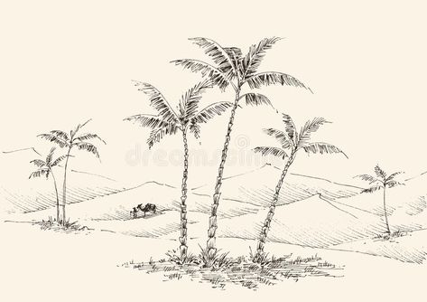 Oasis in the desert hand drawing. Palm trees, fountain water and a camel in the #Sponsored , #paid, #Paid, #hand, #Oasis, #water, #drawing Drawings Of Palm Trees, Skyscrapers Drawing, Oasis Drawing, Oasis Illustration, Palm Sketch, Tree Fountain, Spain Drawing, Palm Tree Sketch, Desert Drawing