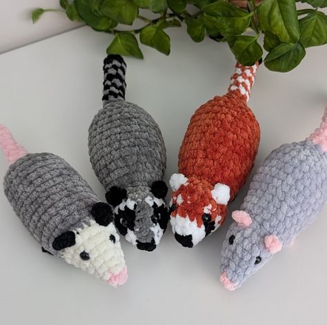 Opossum, rat, raccoon & red panda. Who should join them next? All 4 no sew crochet patterns by me, available separately or in a pattern bundle! I don't have one made at the moment but my bunny pattern would also fit in with these guys #nosewrat #nosewopossum #nosewraccoon #nosewredpanda #crochetrat #crochetraccoon #crochetredpanda #crochetopossum #smallcrochetplushies #nosewcrochet #cubiecrochet Racoon Amigurumi Free Pattern, Possum Crochet Pattern Free, Amigurumi Opossum, Opossum Crochet Pattern Free, Crochet Possum Free Pattern, Possum Crochet Pattern, Possum Crochet, Opossum Crochet, No Sew Crochet Patterns