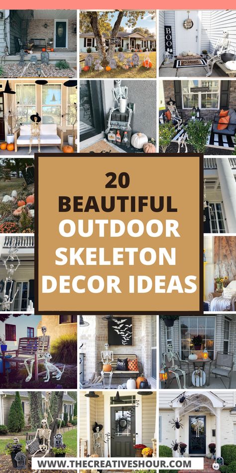 20 Spooktacular Outdoor Skeleton Decor Ideas You Should Try Halloween Skeleton Decorations Outdoor Ideas, Skeleton Outdoor Decor Ideas, Skeleton House Decor Outdoor, Skelton Ideas For Yard, Skeleton Front Yard Decor, Skeleton Theme Halloween Decor, Poseable Skeleton Ideas Outdoor, Outdoor Skeleton Ideas, Yard Skeleton Ideas